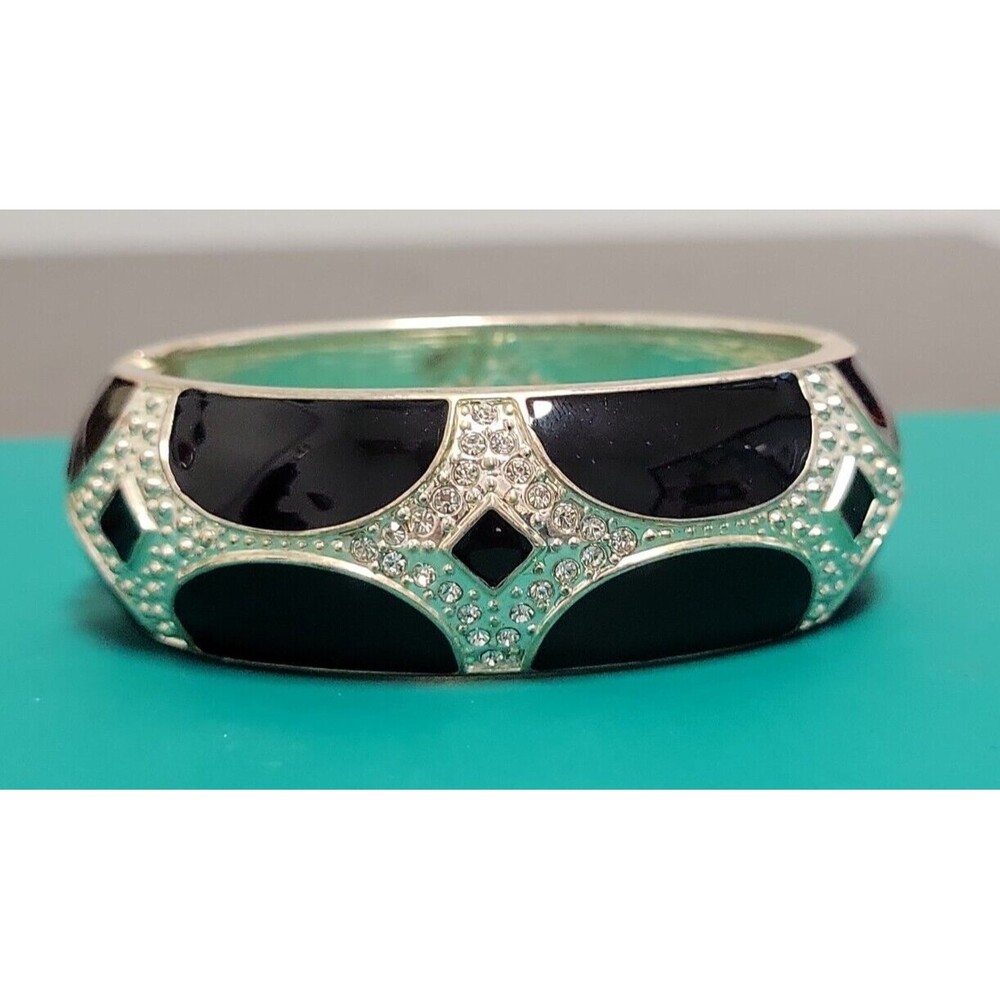 Black Enamel  SilverTone  Rhinestone Clamper Bangle Bracelet Bling